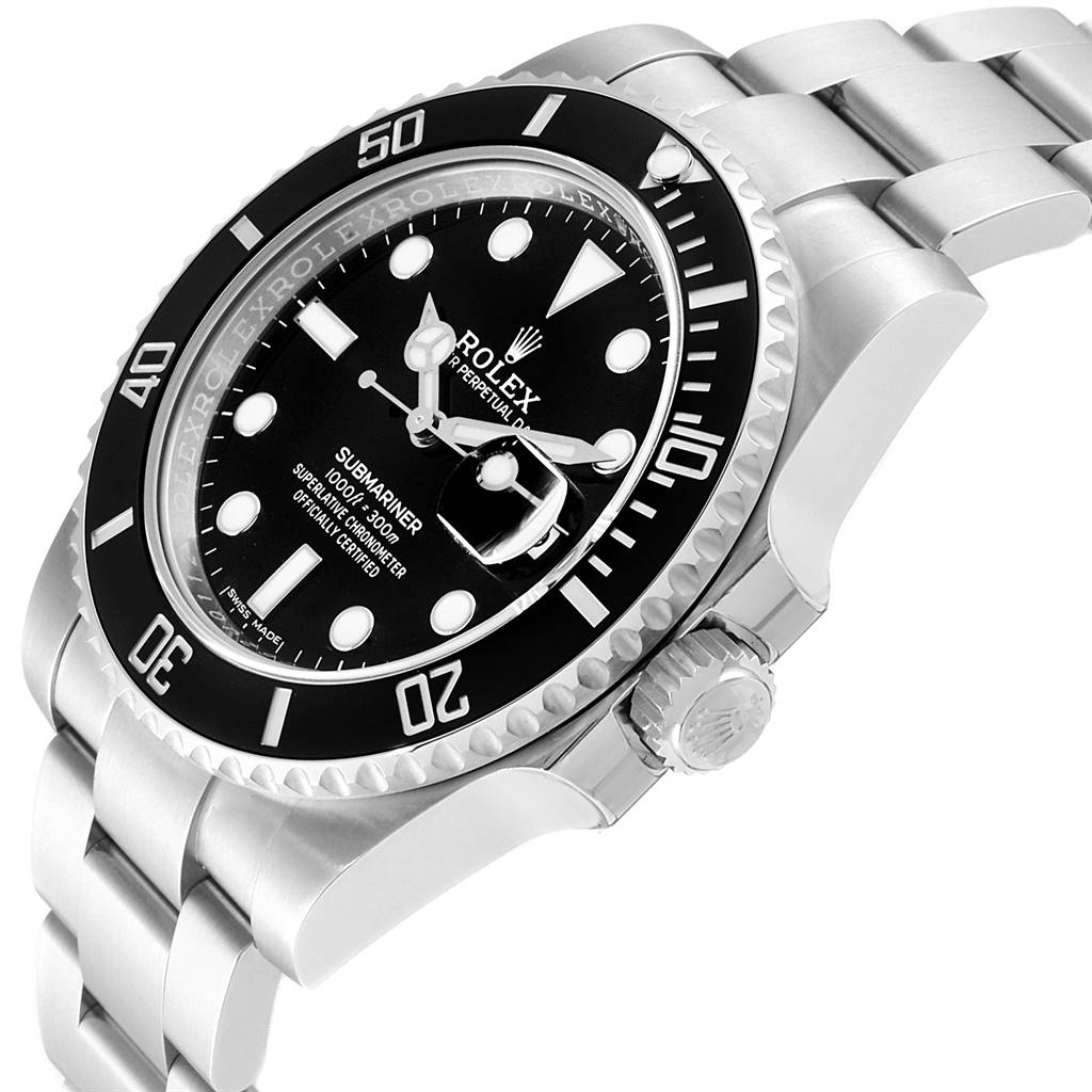 The image shows a Rolex Submariner 116610 Men
s Stainless Steel Black Dial 116610 Men
s Stainless Steel Black Dial watch from an angled side view, highlighting the dial, bezel, and bracelet.
