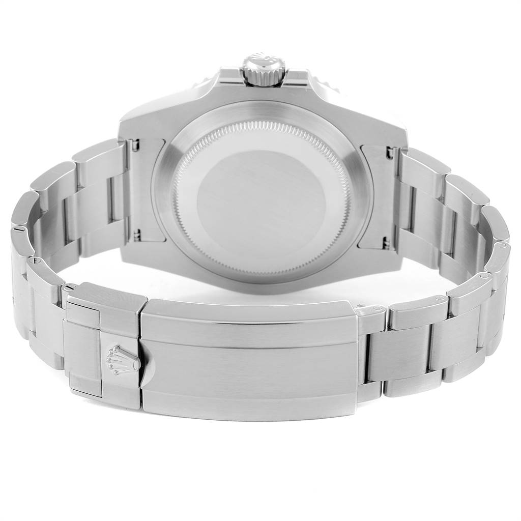 This image shows the back view of a Rolex Submariner 116610 Men
s Stainless Steel Black Dial 116610 Men
s Stainless Steel Black Dial watch, including its case back and bracelet with the clasp.