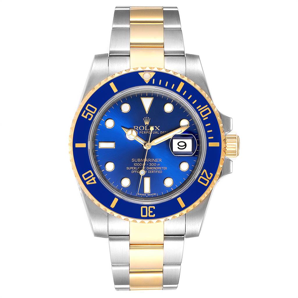 The image shows a Rolex Submariner 116613 Men
s Steel and Gold (two tone) Blue Dial 116613 Men
s Steel and Gold (two tone) Blue Dial watch, face-on, highlighting its blue dial, bezel, and two-tone bracelet.