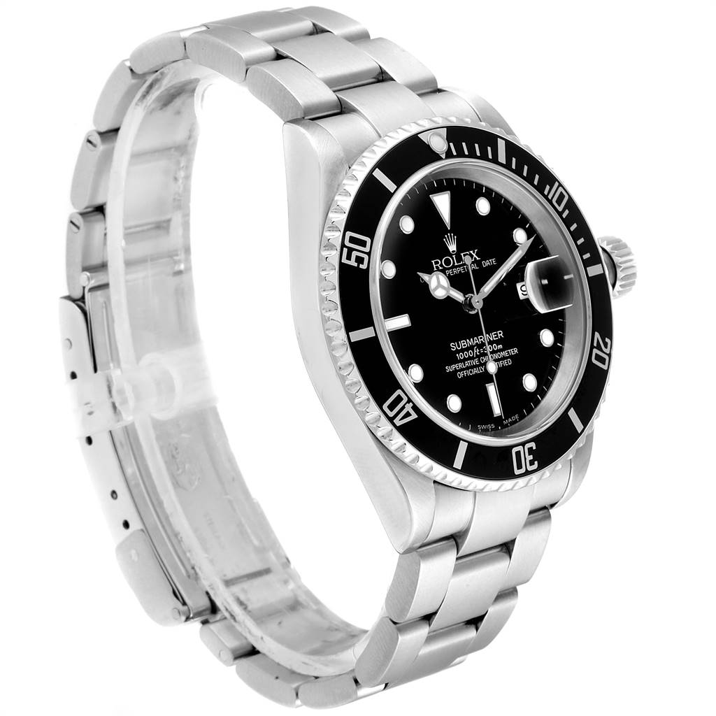The Rolex Submariner 16610 Men
s Stainless Steel Black Dial 16610 Men
s Stainless Steel Black Dial watch is shown at an angle highlighting the face, bezel, crown, and part of the bracelet.