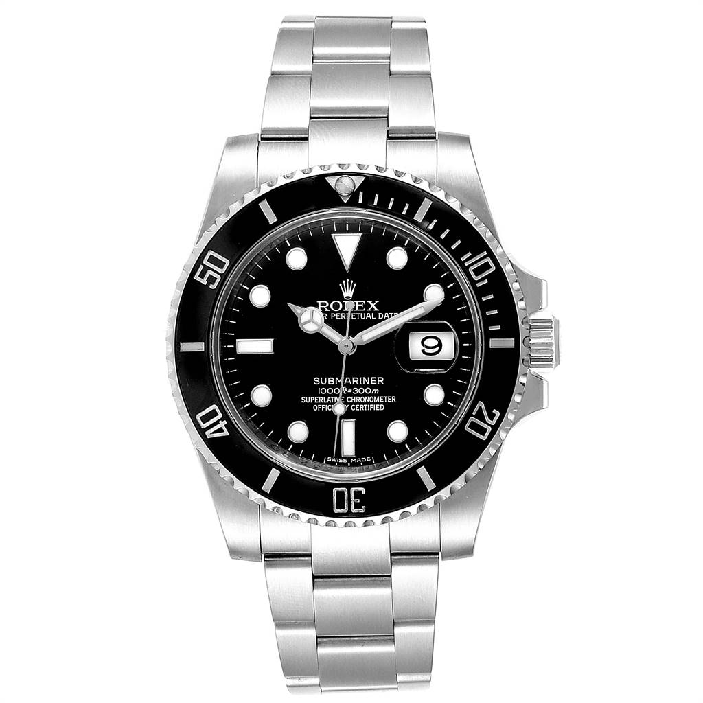 The image shows a front view of a Rolex Submariner 116610 Men
s Stainless Steel Black Dial 116610 Men
s Stainless Steel Black Dial watch, displaying the dial, bezel, bracelet, and date window at 3 o
clock.