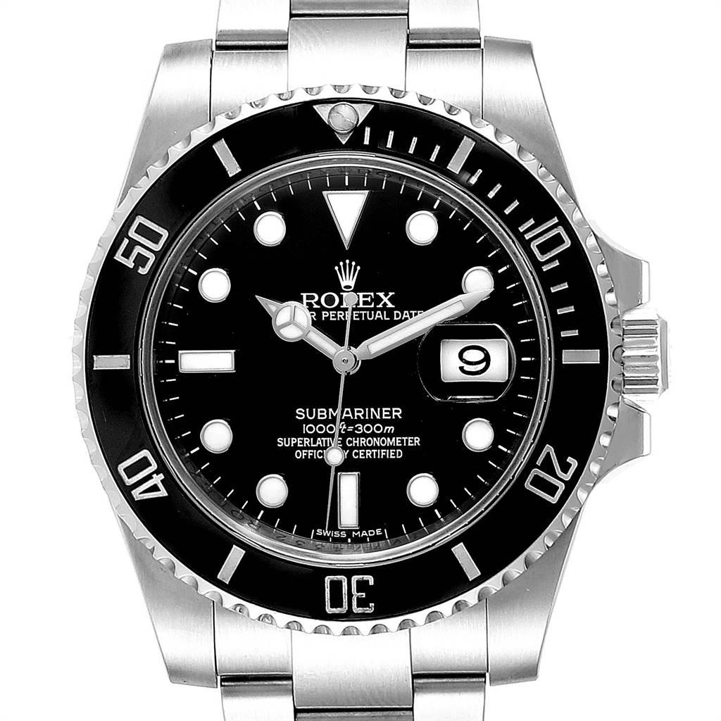 This image shows a front view of a Rolex Submariner 116610 Men
s Stainless Steel Black Dial 116610 Men
s Stainless Steel Black Dial watch, featuring the dial, bezel, and part of the bracelet.