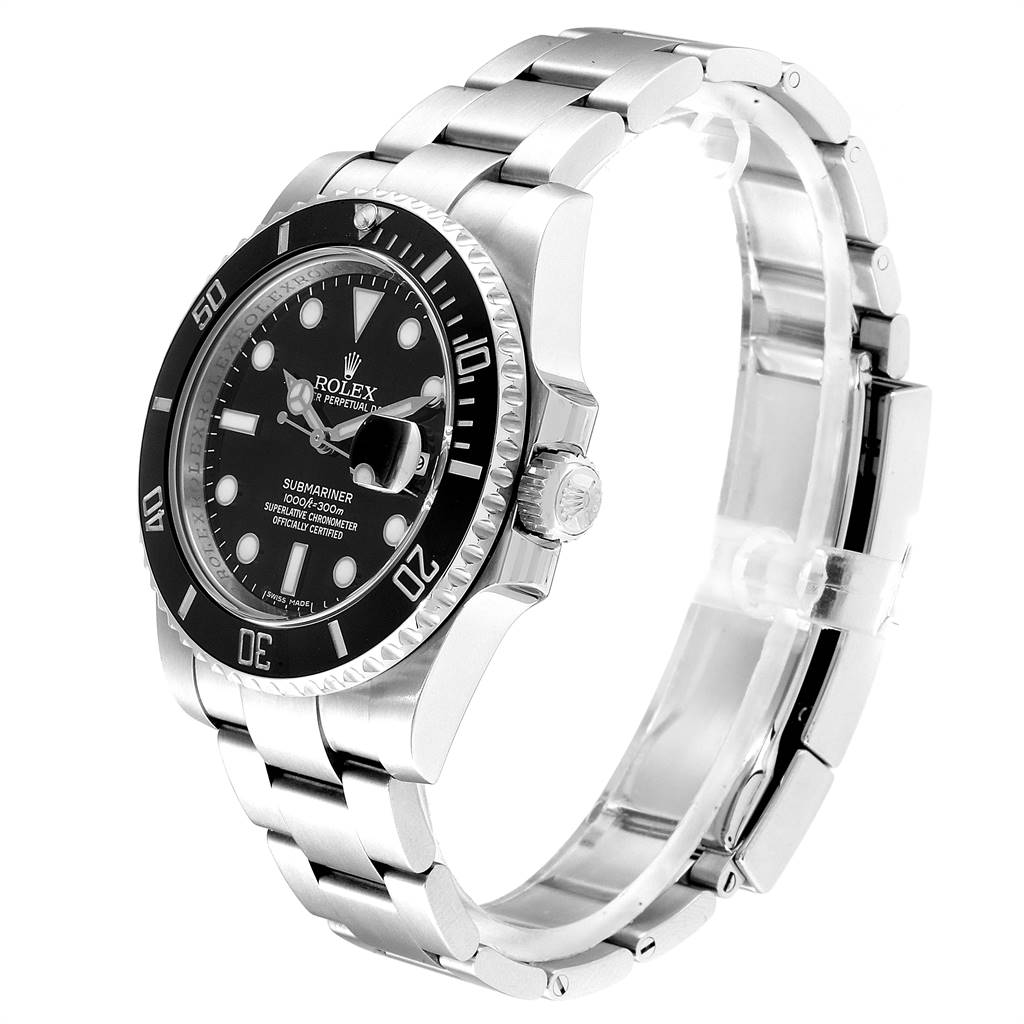 This image shows a Rolex Submariner 116610 Men
s Stainless Steel Black Dial 116610 Men
s Stainless Steel Black Dial watch from an angled side view, displaying the face, bezel, case, and bracelet.