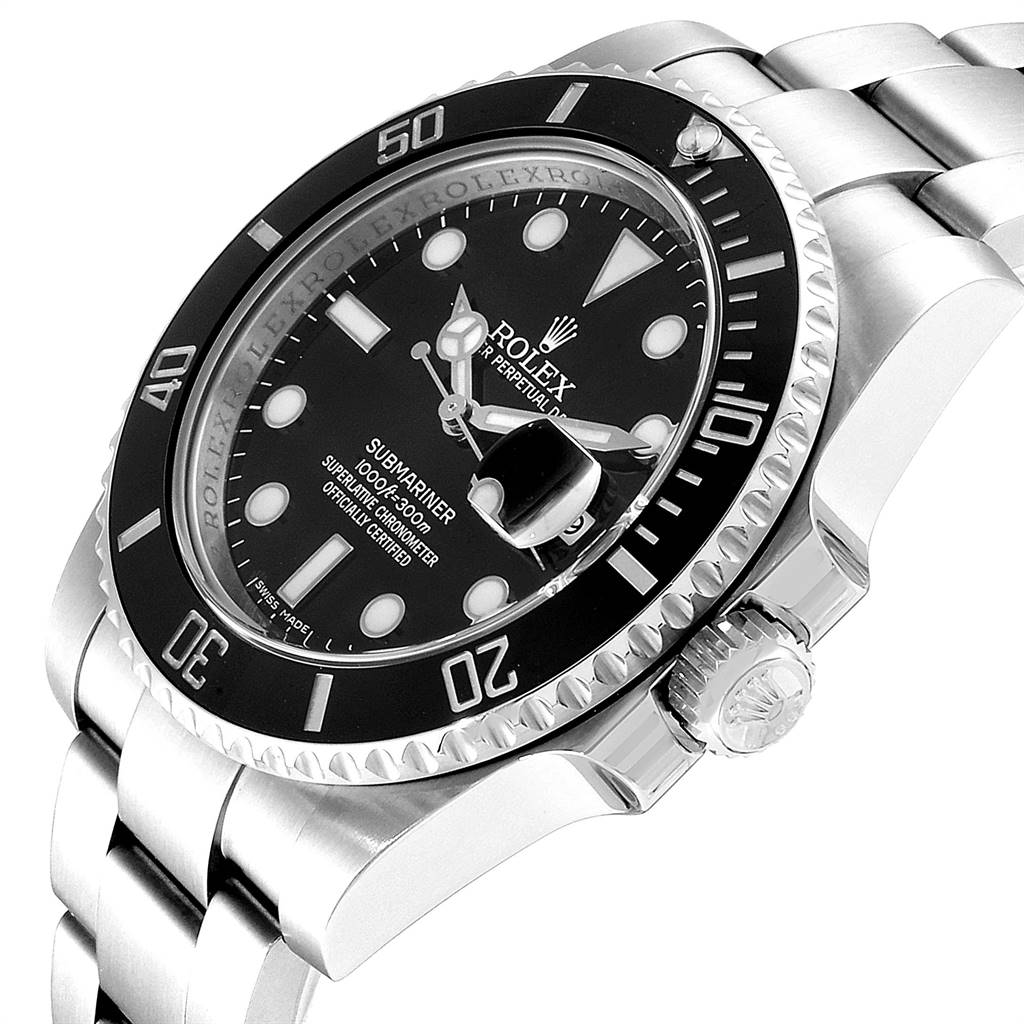 The image shows a close-up angled view of a Rolex Submariner 116610 Men
s Stainless Steel Black Dial 116610 Men
s Stainless Steel Black Dial watch, showcasing its bezel, crown, and part of the bracelet.