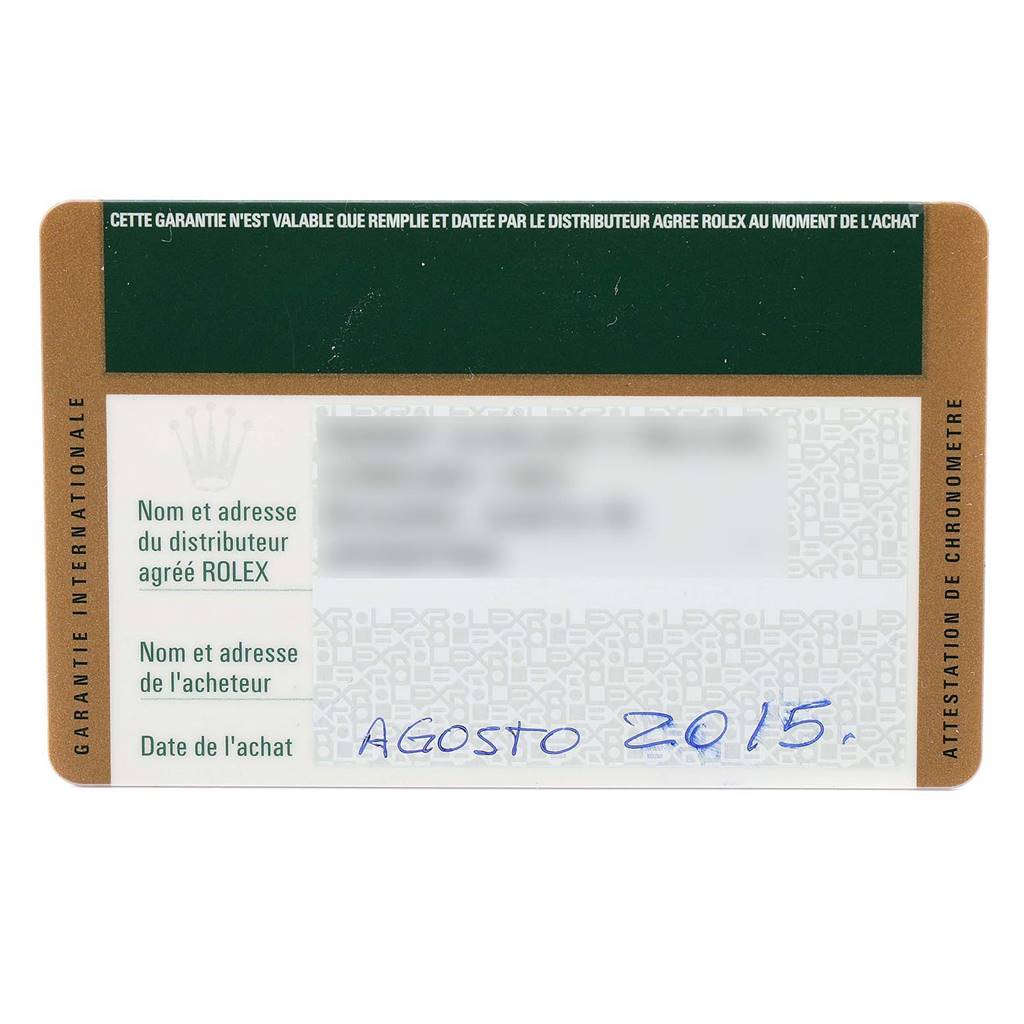 This image shows a guarantee card for a Rolex Submariner 116613 Men
s Steel and Gold (two tone) Blue Dial 116613 Men
s Steel and Gold (two tone) Blue Dial model, displaying purchase details and dealer information.