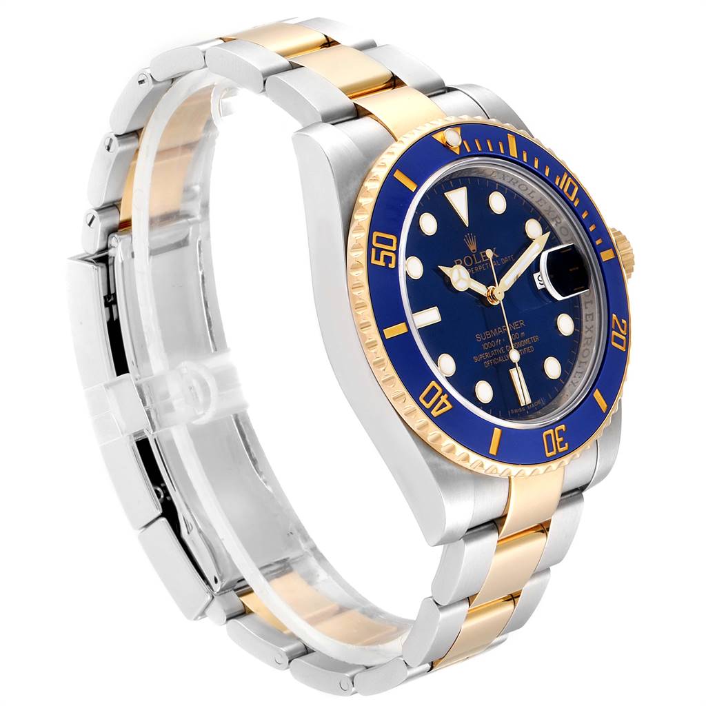 The image shows a side angle of the Rolex Submariner 116613 Men
s Steel and Gold (two tone) Blue Dial 116613 Men
s Steel and Gold (two tone) Blue Dial, highlighting its blue dial, bezel, and two-tone bracelet.