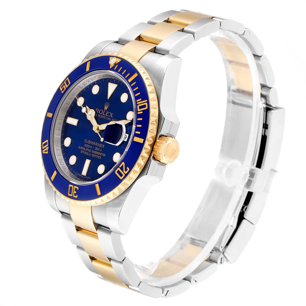 The image shows a side view of a Rolex Submariner 116613 Men
s Steel and Gold (two tone) Blue Dial 116613 Men
s Steel and Gold (two tone) Blue Dial watch, highlighting its bezel, dial, crown, and bracelet.