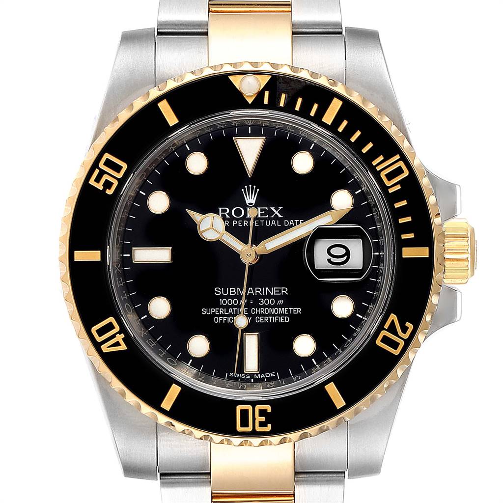 The image shows a front view of a Rolex Submariner 116613 Men
s Steel and Gold (two tone) Black Dial 116613 Men
s Steel and Gold (two tone) Black Dial watch, displaying its face, bezel, and part of its bracelet.