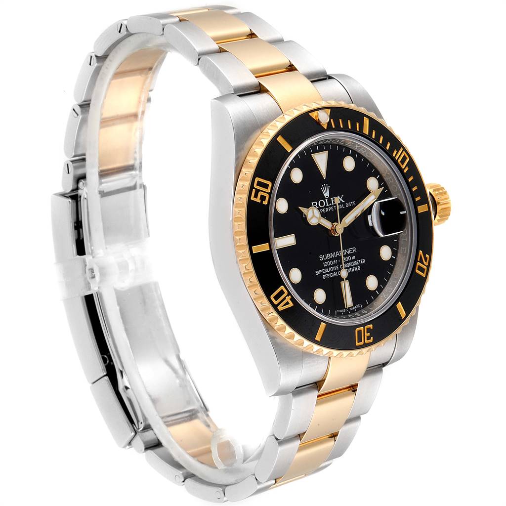The image shows a side-angle view of the Rolex Submariner 116613 Men
s Steel and Gold (two tone) Black Dial 116613 Men
s Steel and Gold (two tone) Black Dial watch, highlighting its black dial, bezel, and two-tone gold and silver bracelet.