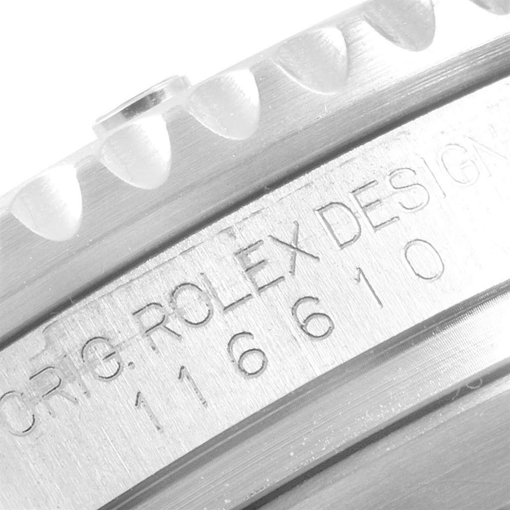 This image shows a close-up of the side engraving on a Rolex Submariner 116610 Men
s Stainless Steel Black Dial 116610 Men
s Stainless Steel Black Dial, displaying the model number 116610.