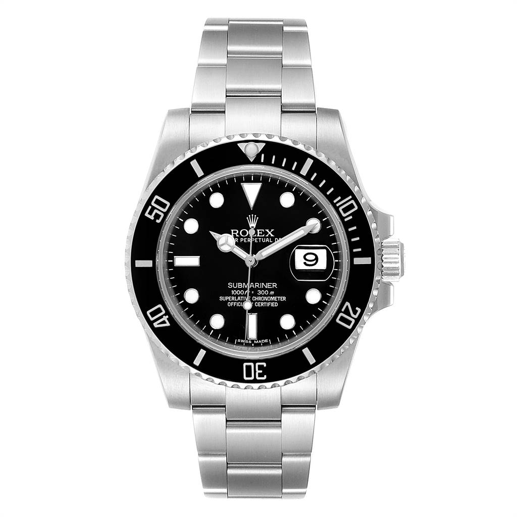The image shows a front view of a Rolex Submariner 116610 Men
s Stainless Steel Black Dial 116610 Men
s Stainless Steel Black Dial watch, displaying its dial, bezel, and stainless steel bracelet.