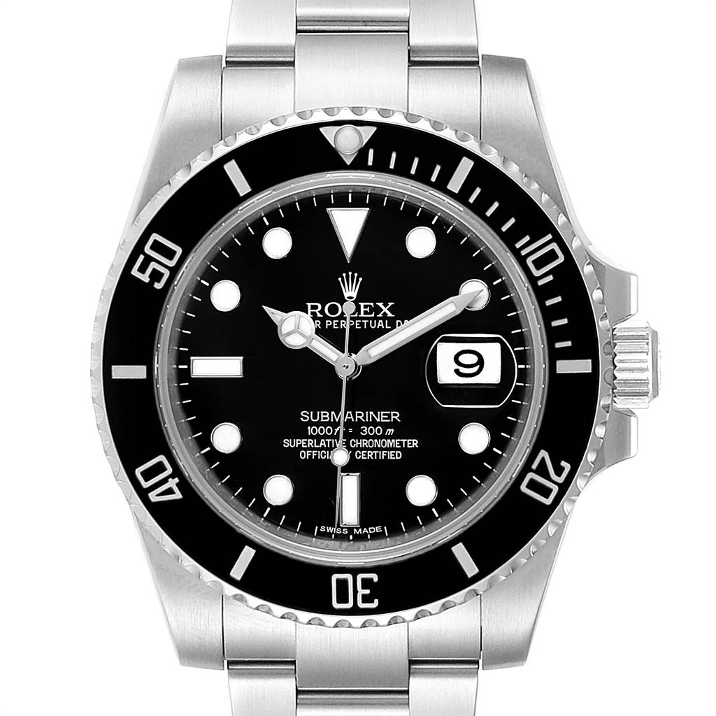 The Rolex Submariner 116610 Men
s Stainless Steel Black Dial 116610 Men
s Stainless Steel Black Dial watch is shown from a front angle, displaying its face, bezel, and bracelet.