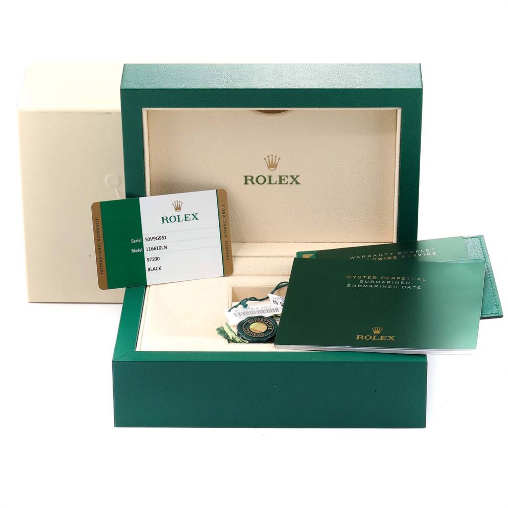 The image shows a Rolex Submariner 116610 Men
s Stainless Steel Black Dial 116610 Men
s Stainless Steel Black Dial box, open with warranty card, booklet, tag, and inside cushion visible.