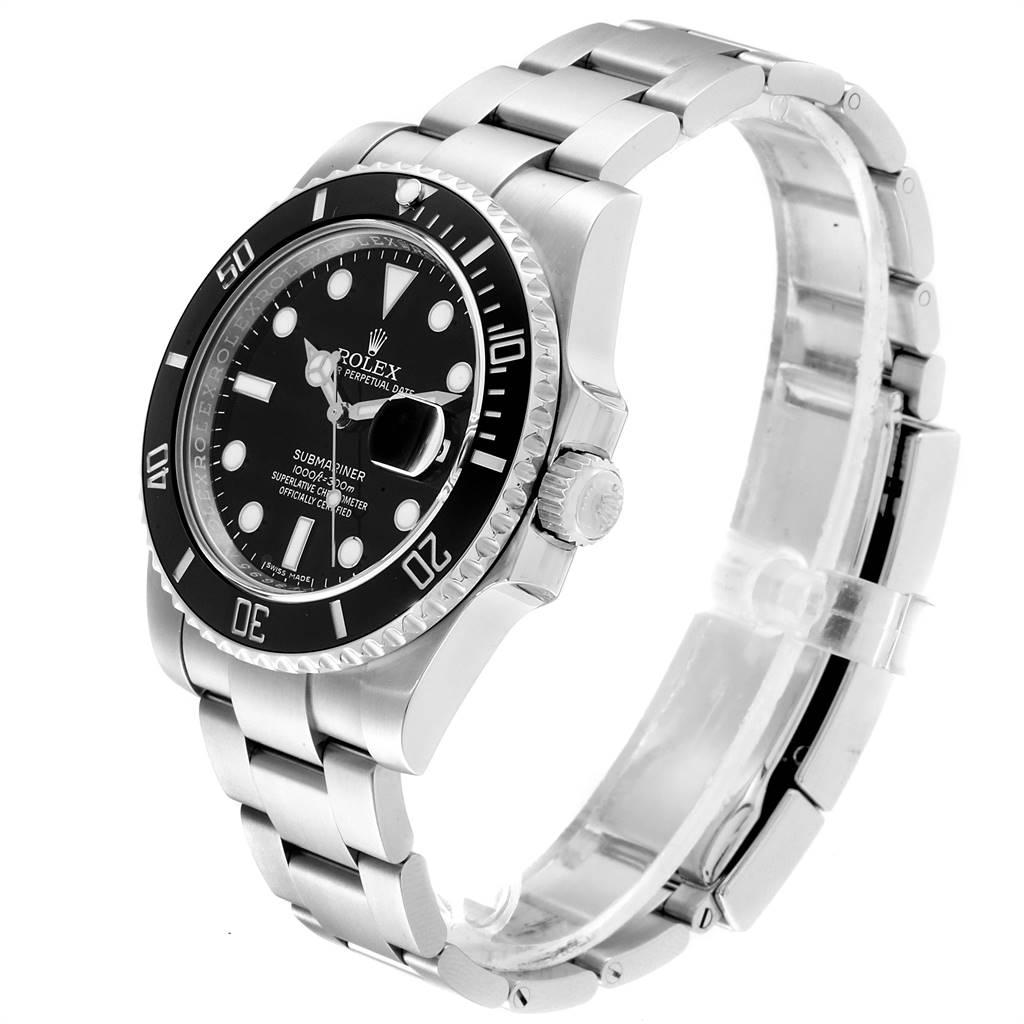 The image shows a side angle of a Rolex Submariner 116610 Men
s Stainless Steel Black Dial 116610 Men
s Stainless Steel Black Dial watch, highlighting its bezel, dial, bracelet, and crown.