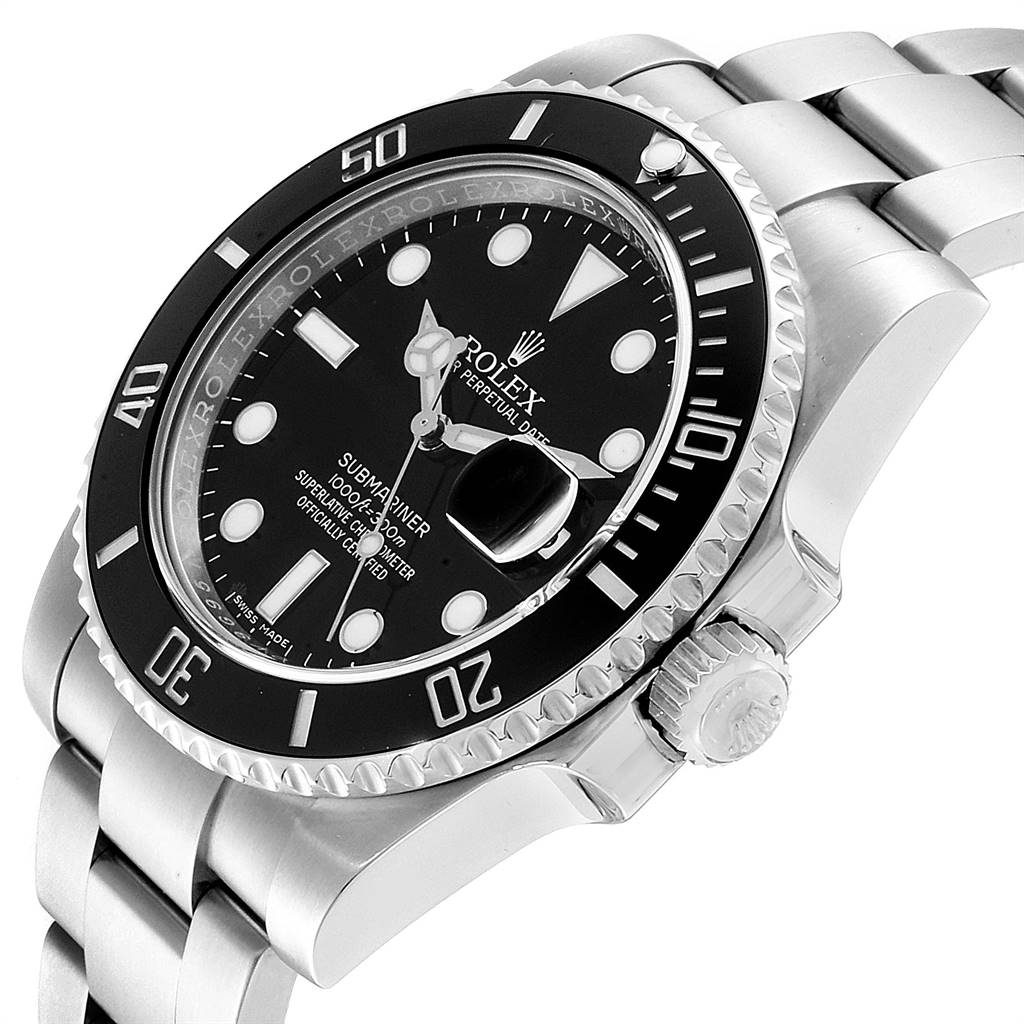 The image shows a side angle view of the Rolex Submariner 116610 Men
s Stainless Steel Black Dial 116610 Men
s Stainless Steel Black Dial watch, highlighting the dial, bezel, crown, and bracelet.