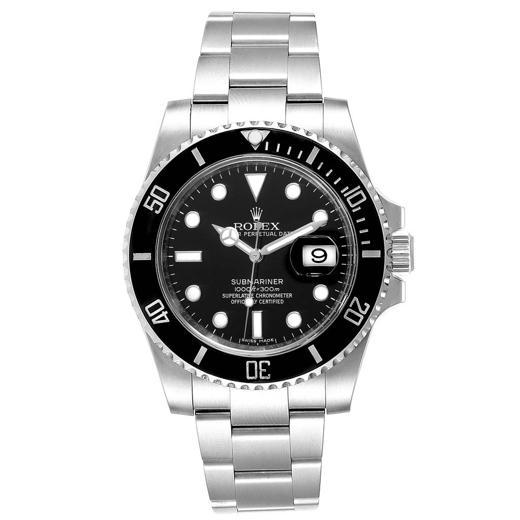 The image shows a front view of the Rolex Submariner 116610 Men
s Stainless Steel Black Dial 116610 Men
s Stainless Steel Black Dial watch, highlighting its dial, bezel, date window, and bracelet.