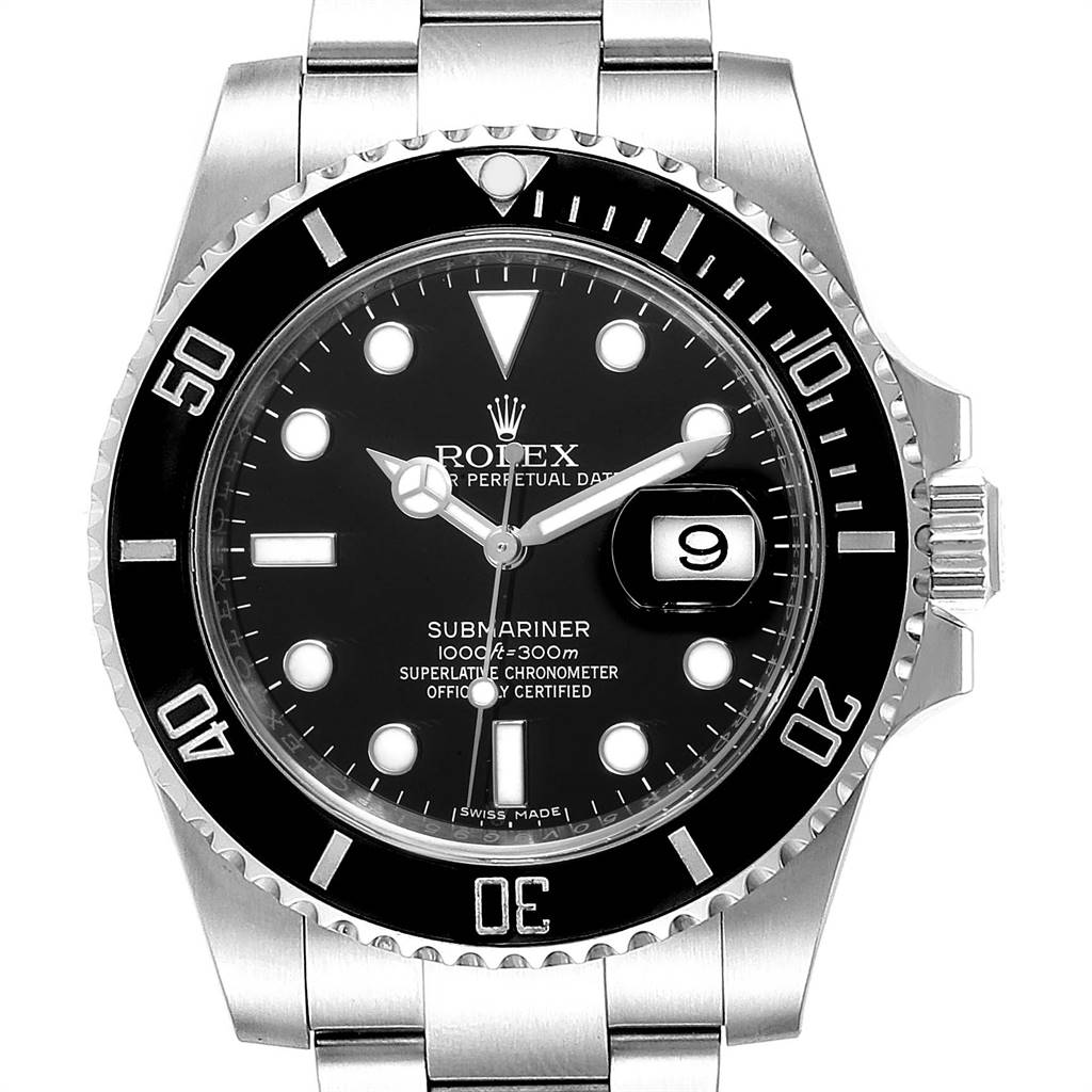 The image shows a front view of the Rolex Submariner 116610 Men
s Stainless Steel Black Dial 116610 Men
s Stainless Steel Black Dial watch, displaying its dial, bezel, and bracelet.