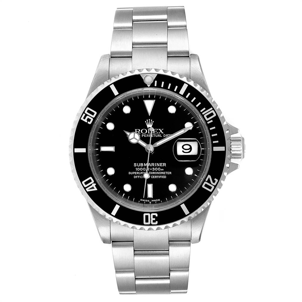 The image shows a Rolex Submariner 16610 Men
s Stainless Steel Black Dial 16610 Men
s Stainless Steel Black Dial watch from a front angle, displaying the dial, bezel, case, and bracelet.