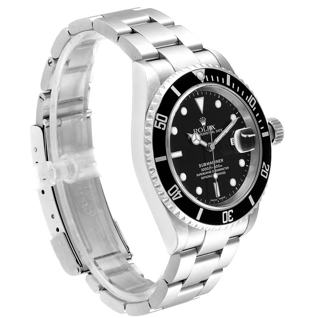 The image shows a side angle view of the Rolex Submariner 16610 Men
s Stainless Steel Black Dial 16610 Men
s Stainless Steel Black Dial watch, displaying the strap, case, dial, and bezel.