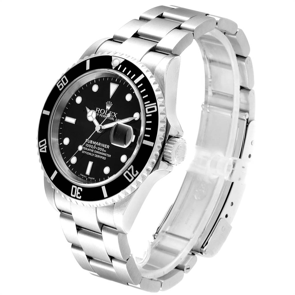 This image shows a Rolex Submariner 16610 Men
s Stainless Steel Black Dial 16610 Men
s Stainless Steel Black Dial watch from an angled side view, highlighting the face, bezel, crown, and bracelet.