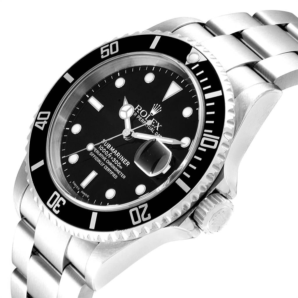 This Rolex Submariner 16610 Men
s Stainless Steel Black Dial 16610 Men
s Stainless Steel Black Dial watch is shown at a three-quarter angle, displaying the dial, bezel, and bracelet in detail.