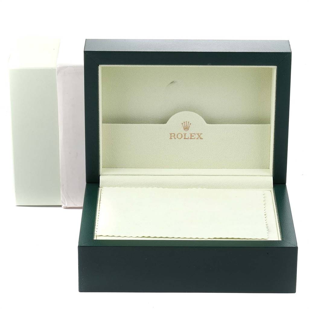 This image shows an open Rolex Submariner 16610 Men
s Stainless Steel Black Dial 16610 Men
s Stainless Steel Black Dial watch box, displaying the inner lining and logo.