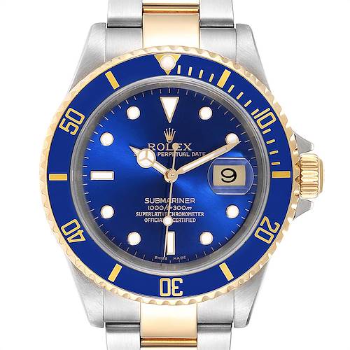 Photo of Rolex Submariner Blue Dial Bezel Steel Yellow Gold Mens Watch 16613