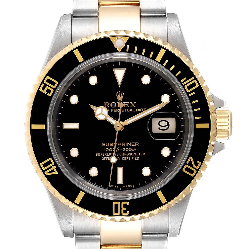 The Rolex Submariner 16613 Men's Steel and Gold (two tone) Black Dial 16613 Men's Steel and Gold (two tone) Black Dial watch is shown from the front, featuring the dial, bezel, date window, and part of the bracelet.