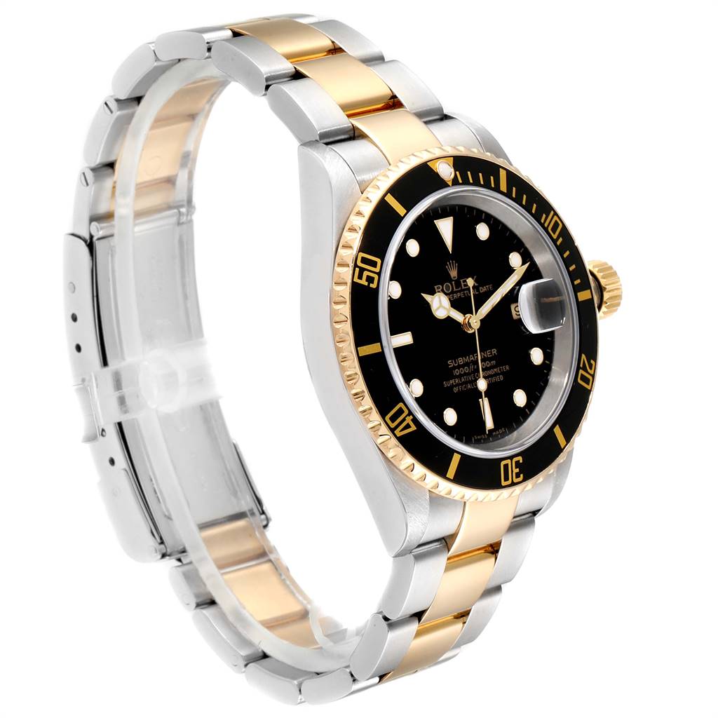 The Rolex Submariner 16613 Men's Steel and Gold (two tone) Black Dial 16613 Men's Steel and Gold (two tone) Black Dial watch is shown at an angle highlighting the dial, bezel, and two-tone bracelet.