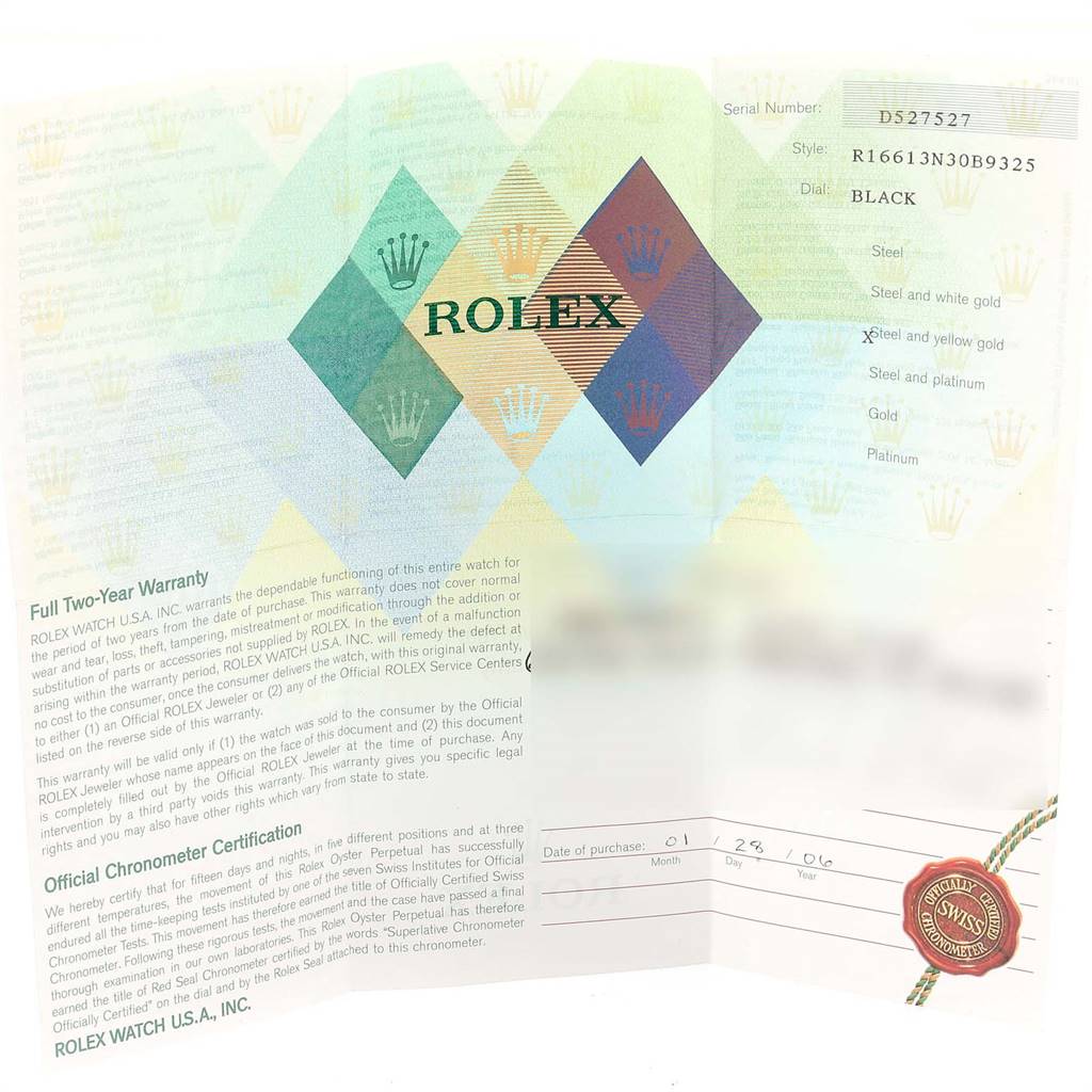 The image shows the official warranty and chronometer certification paperwork for a Rolex Submariner 16613 Men's Steel and Gold (two tone) Black Dial 16613 Men's Steel and Gold (two tone) Black Dial watch.