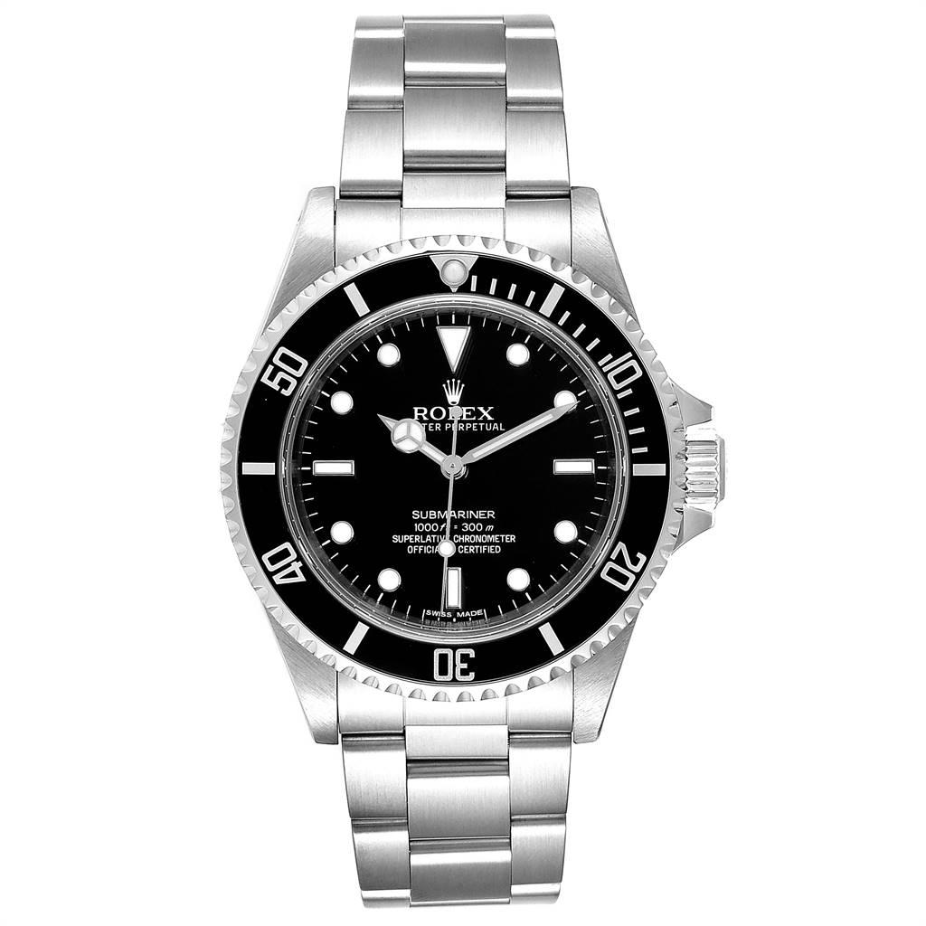 The image shows a frontal view of the Rolex Submariner 14060 Men
s Stainless Steel Black Dial 14060 Men
s Stainless Steel Black Dial, displaying the full watch face, bezel, and stainless steel bracelet.