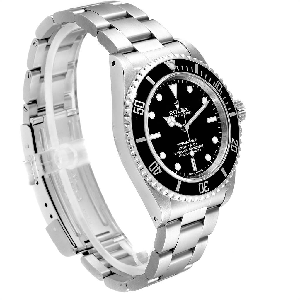 The image shows the Rolex Submariner 14060 Men
s Stainless Steel Black Dial 14060 Men
s Stainless Steel Black Dial watch from an angled side view, highlighting the face, bezel, crown, and part of the strap.