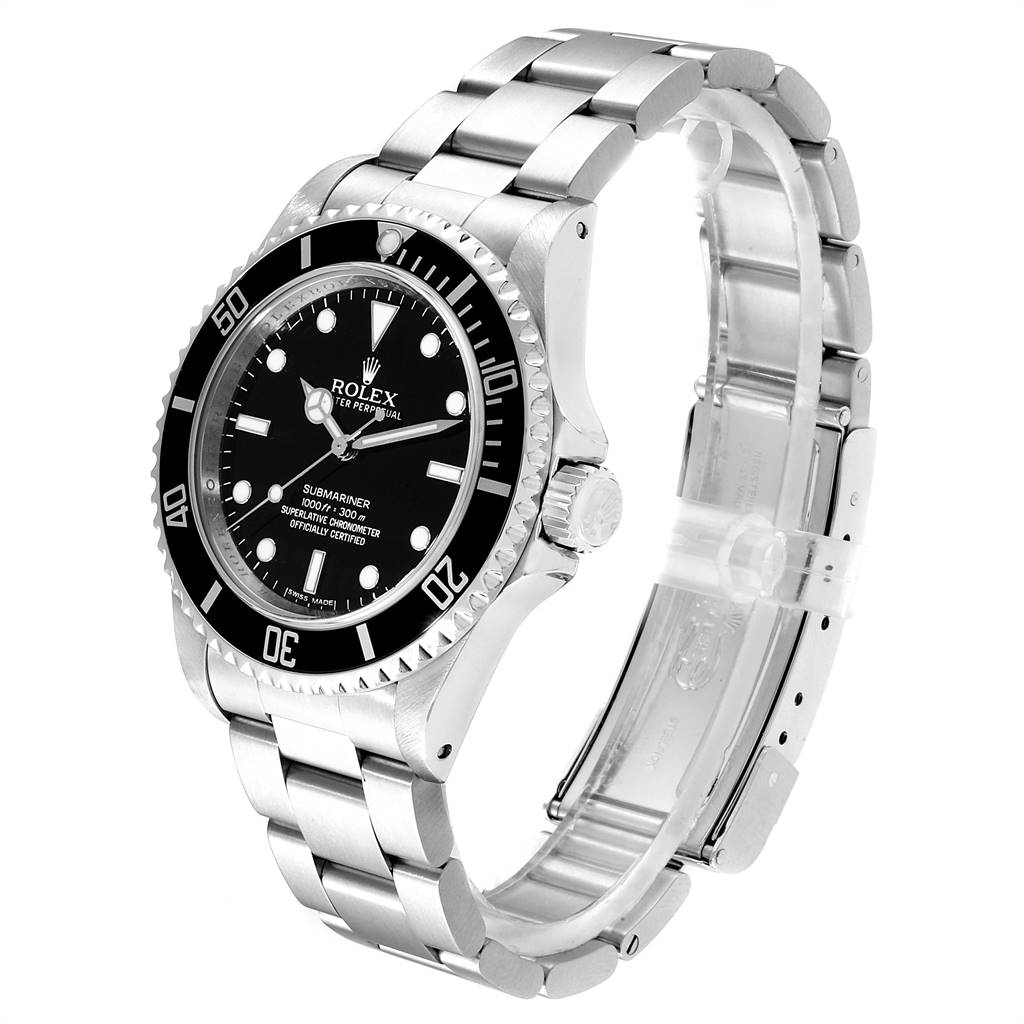 The image shows a Rolex Submariner 14060 Men
s Stainless Steel Black Dial 14060 Men
s Stainless Steel Black Dial watch from an angled side view, highlighting the face, bezel, and stainless-steel bracelet.