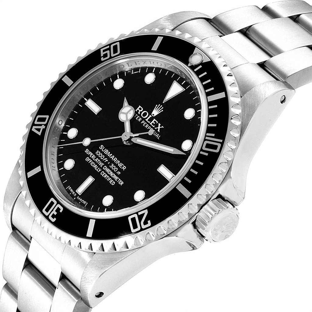 The image shows a Rolex Submariner 14060 Men
s Stainless Steel Black Dial 14060 Men
s Stainless Steel Black Dial watch viewed from an angled perspective, displaying the face, bezel, crown, and part of the bracelet.