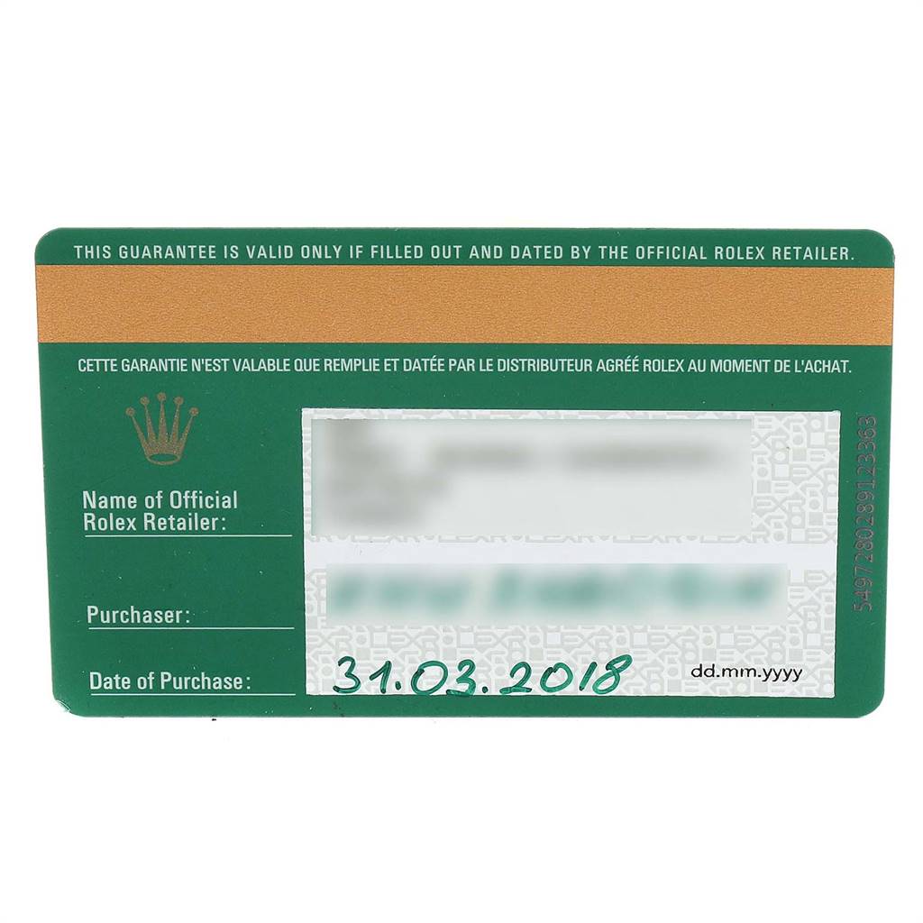 The image shows a warranty card for the Rolex Submariner 116613 Men
s Steel and Gold (two tone) Blue Dial 116613 Men
s Steel and Gold (two tone) Blue Dial, with retailer and purchase information.