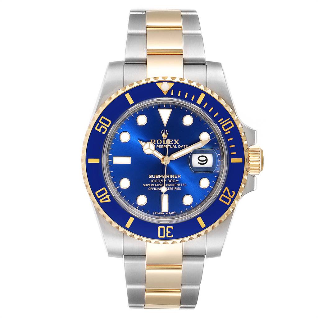 This image shows a front view of a Rolex Submariner 116613 Men
s Steel and Gold (two tone) Blue Dial 116613 Men
s Steel and Gold (two tone) Blue Dial watch, featuring a blue dial and bezel with a two-tone metal bracelet.
