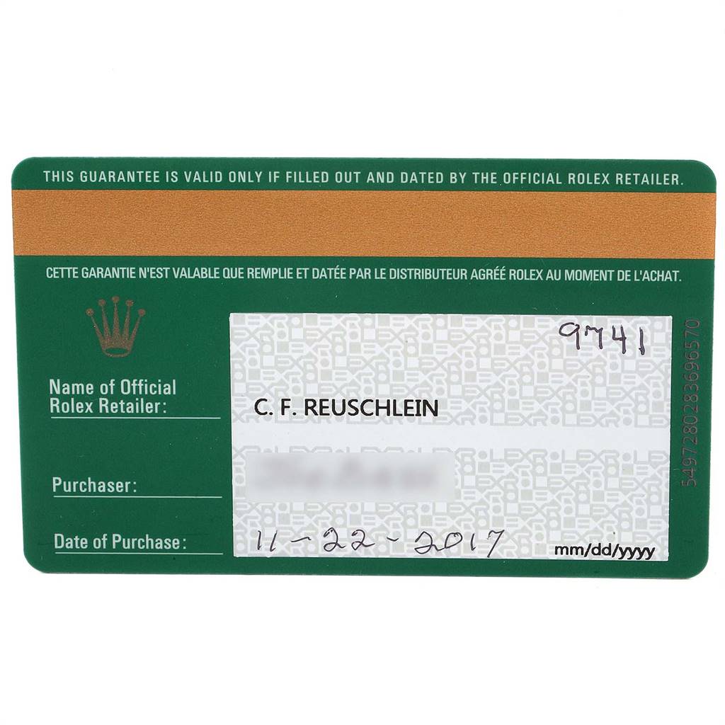 The image shows the warranty card for a Rolex Submariner 116610 Men
s Stainless Steel Black Dial 116610 Men
s Stainless Steel Black Dial watch, including the official retailer name and date of purchase.