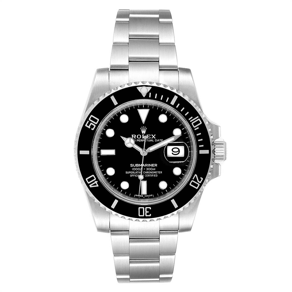 The image shows a frontal view of a Rolex Submariner 116610 Men
s Stainless Steel Black Dial 116610 Men
s Stainless Steel Black Dial watch, displaying its black dial, bezel, and stainless steel bracelet.
