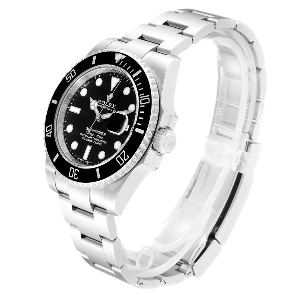 The image shows a Rolex Submariner 116610 Men
s Stainless Steel Black Dial 116610 Men
s Stainless Steel Black Dial watch from a side angle, highlighting the face, bezel, crown, and bracelet.