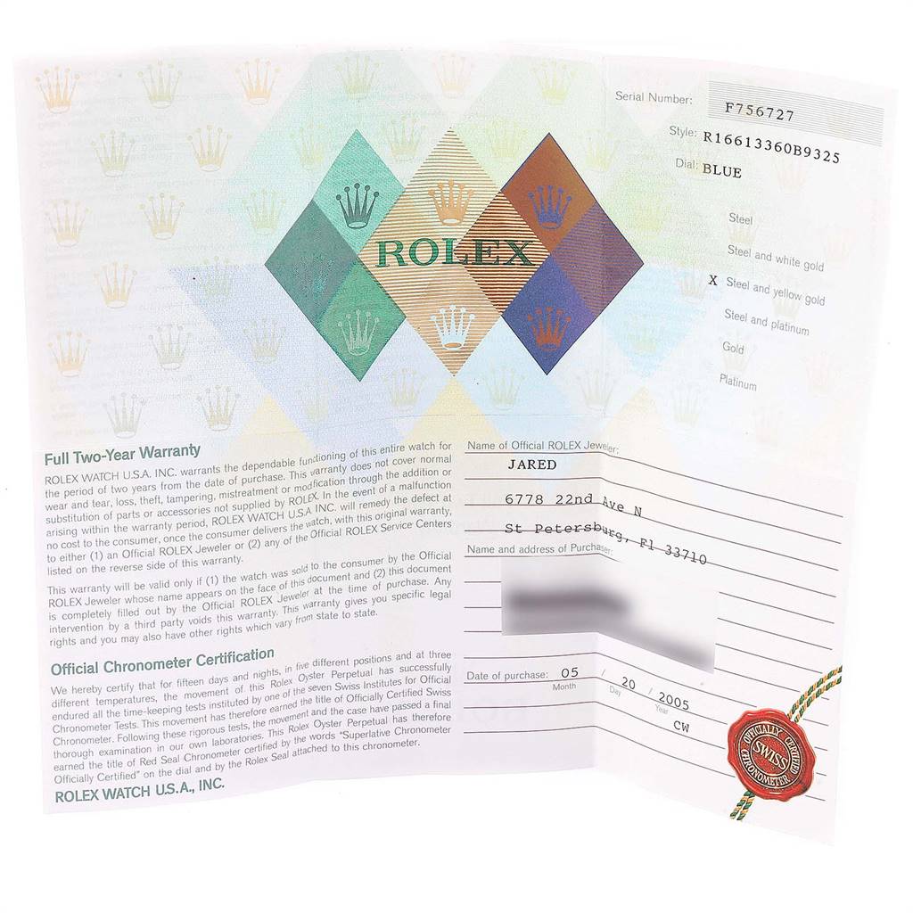 This image shows the warranty card for the Rolex Submariner 16613 Men
s Steel and Gold (two tone) Blue Dial 16613 Men
s Steel and Gold (two tone) Blue Dial model, including serial and style numbers, along with the certification details.