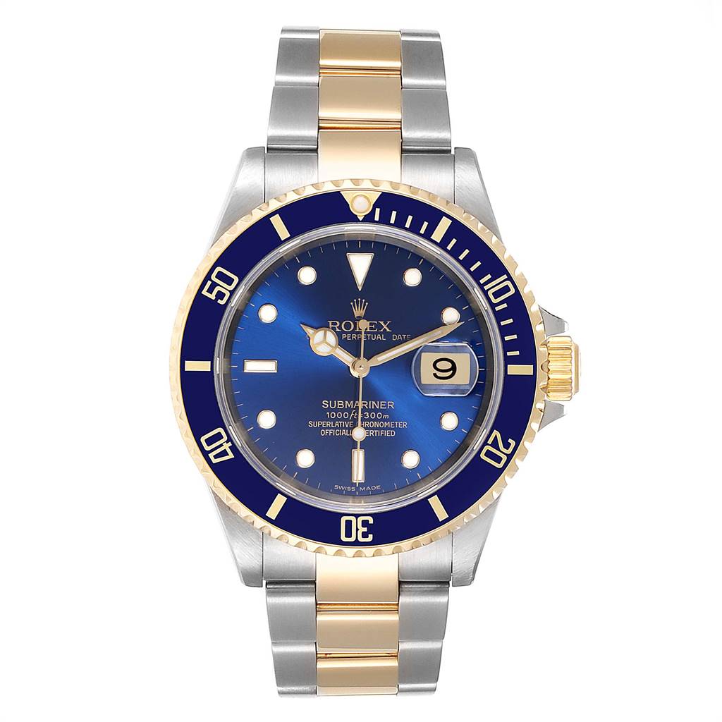 This Rolex Submariner 16613 Men
s Steel and Gold (two tone) Blue Dial 16613 Men
s Steel and Gold (two tone) Blue Dial watch is shown from the front, displaying its dial, bezel, case, and bracelet.