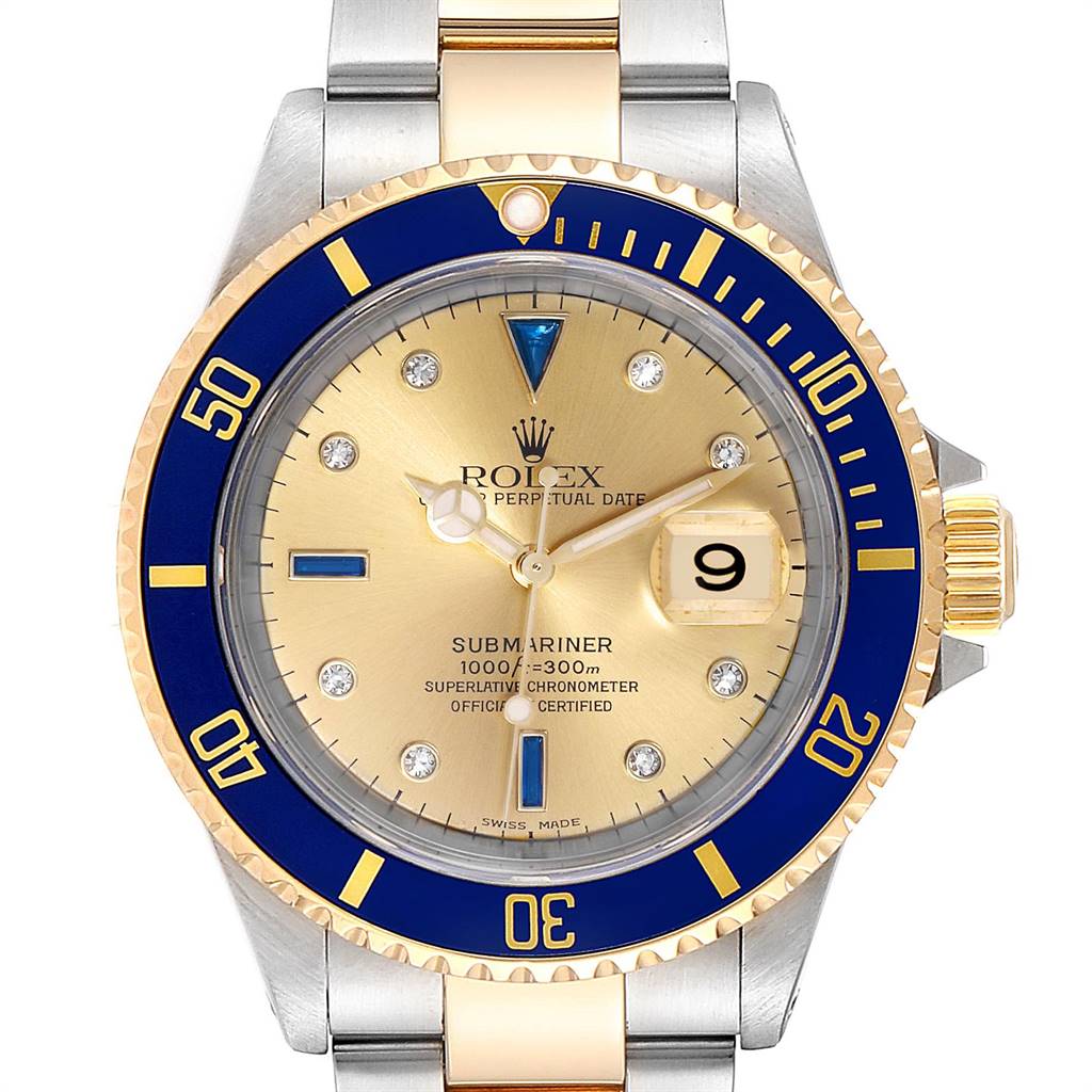 Rolex Submariner Steel Gold Diamond Sapphire Serti Dial Mens Watch ...