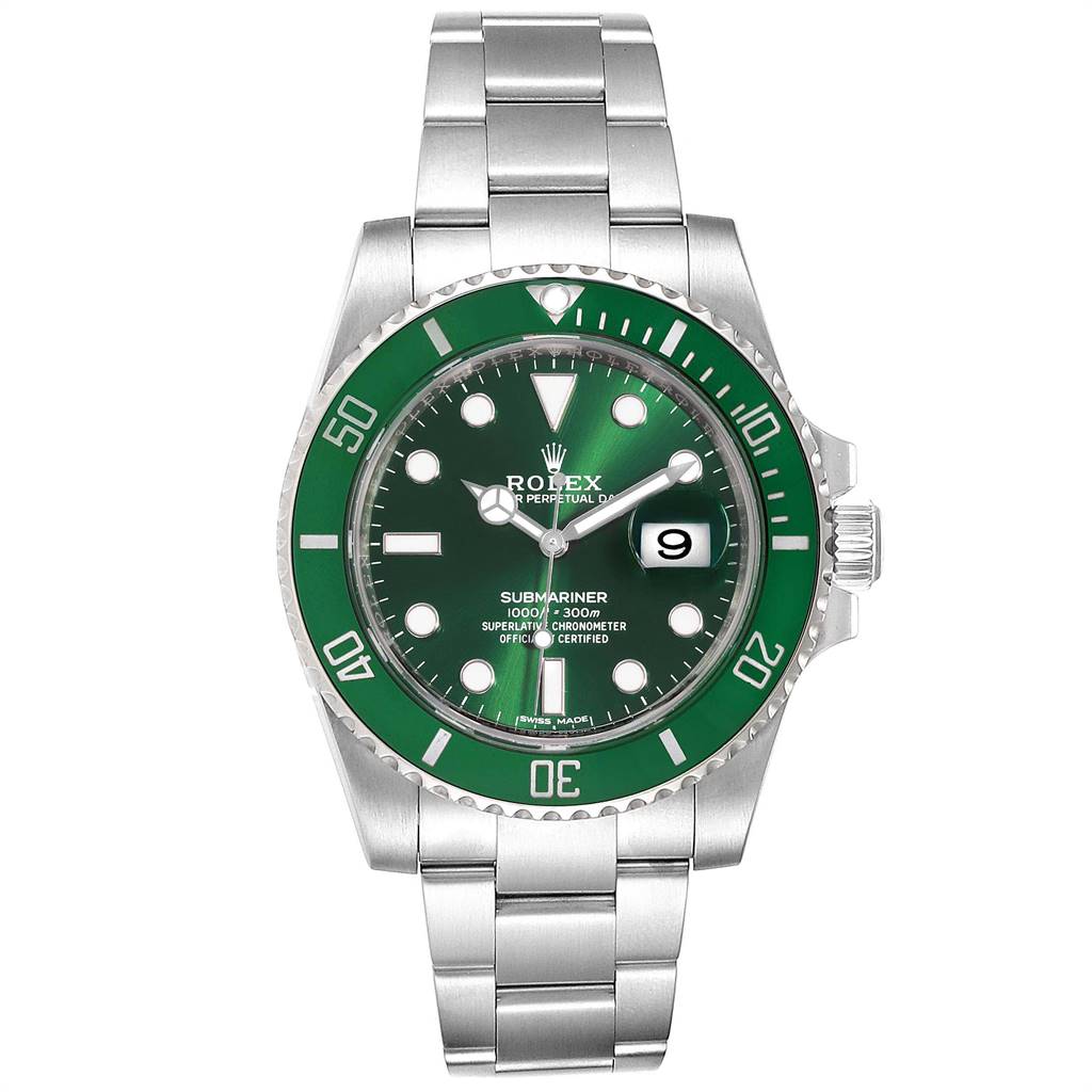 The image shows a frontal view of the Rolex Submariner 116610LV Men
s Stainless Steel Green Dial 116610LV Men
s Stainless Steel Green Dial watch, highlighting its green dial and bezel with a stainless steel bracelet.