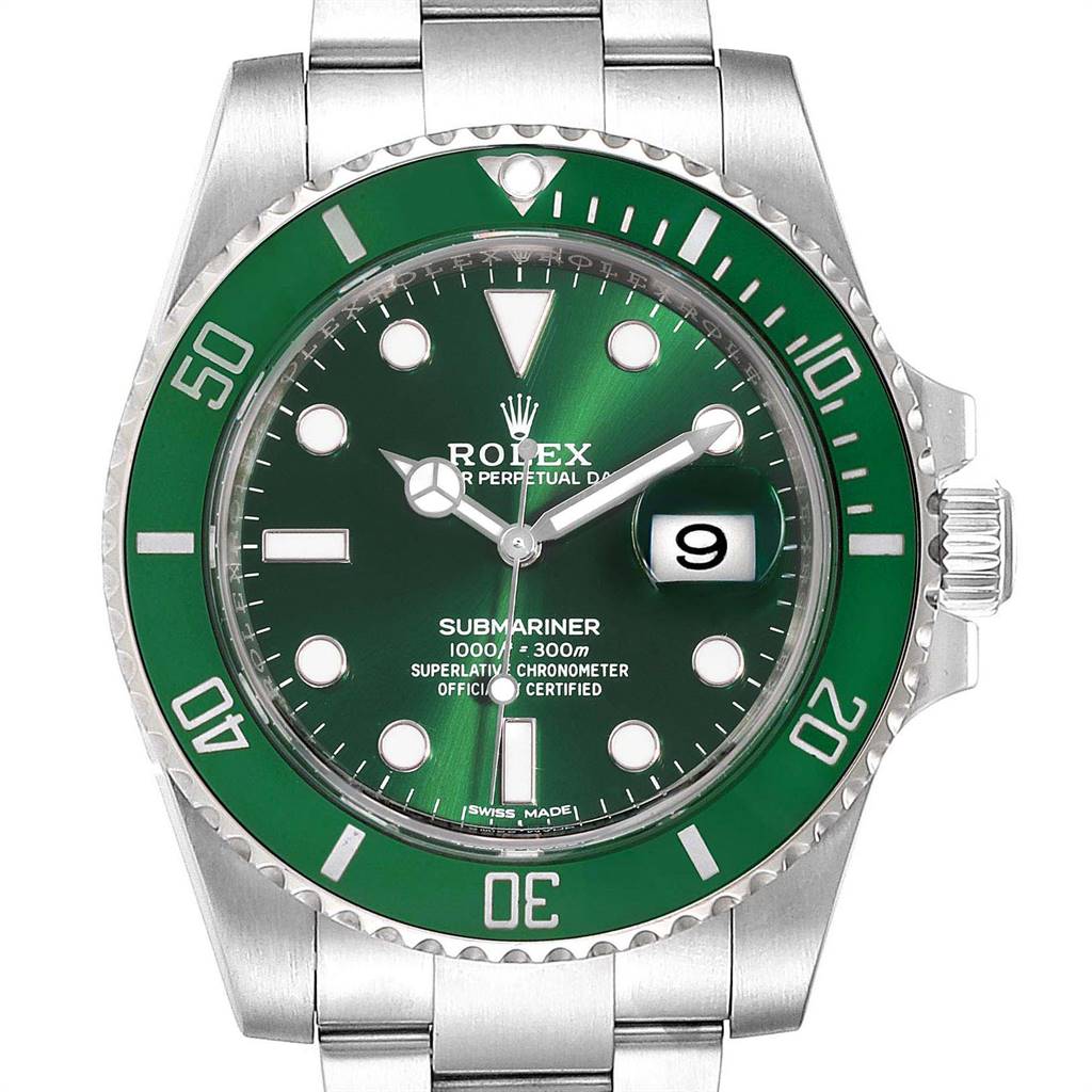 This image shows a frontal view of the Rolex Submariner 116610LV Men
s Stainless Steel Green Dial 116610LV Men
s Stainless Steel Green Dial watch, highlighting its green dial and bezel, date window, and stainless steel bracelet.