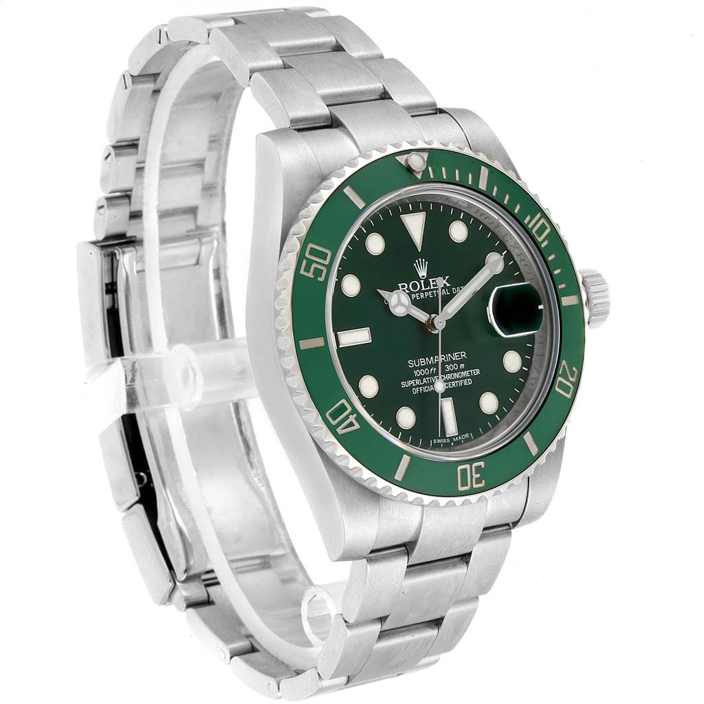 The image shows a Rolex Submariner 116610LV Men
s Stainless Steel Green Dial 116610LV Men
s Stainless Steel Green Dial watch at an angle highlighting its green bezel, dial, and stainless steel bracelet.