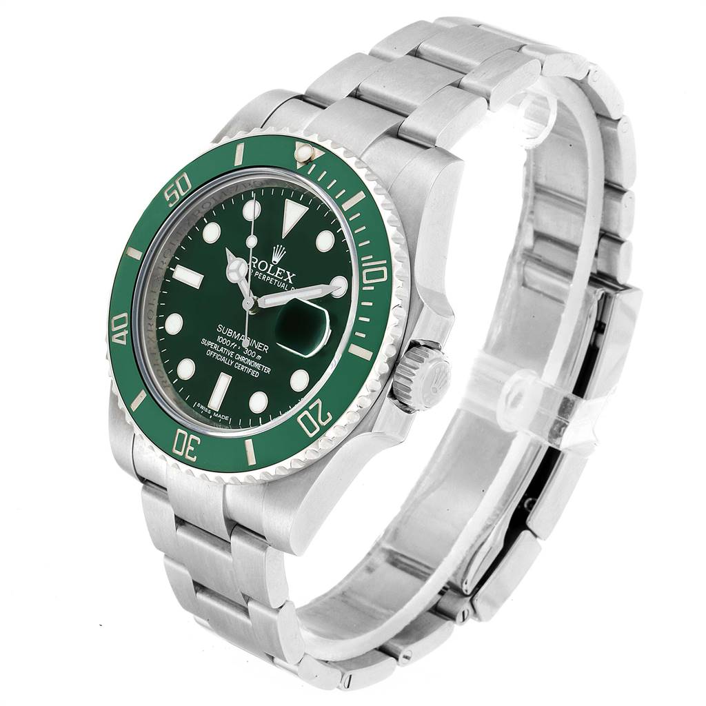 The image shows a green Rolex Submariner 116610LV Men
s Stainless Steel Green Dial 116610LV Men
s Stainless Steel Green Dial watch from an angled side view displaying the watch face, bezel, crown, and bracelet.