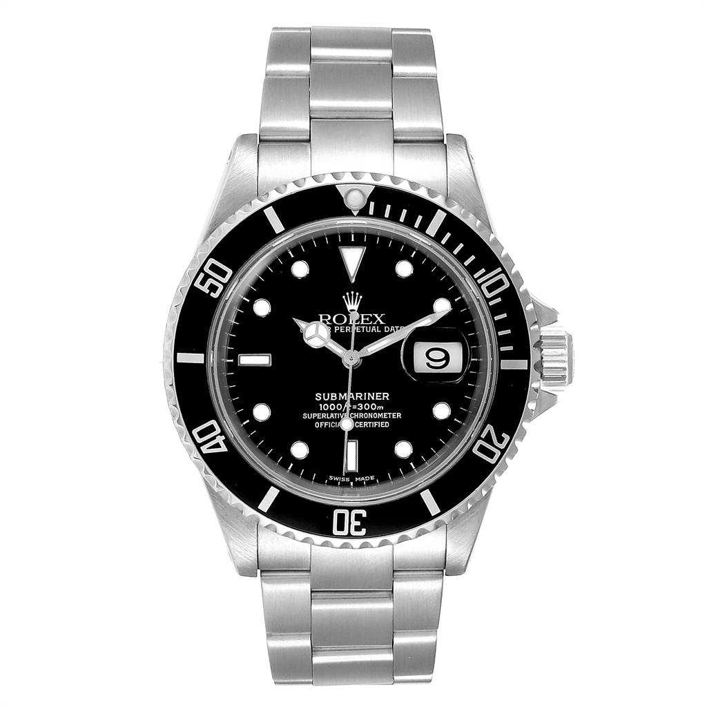 The image shows a front view of a Rolex Submariner 16610 Men's Stainless Steel Black Dial 16610 Men's Stainless Steel Black Dial watch, displaying the face, bezel, and bracelet.
