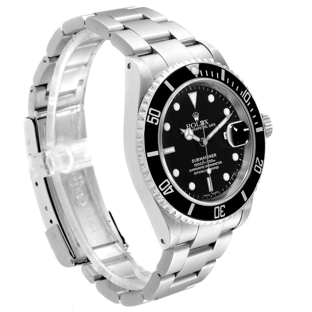 The image shows a side angle of a Rolex Submariner 16610 Men's Stainless Steel Black Dial 16610 Men's Stainless Steel Black Dial watch, highlighting the dial, bezel, crown, and bracelet.