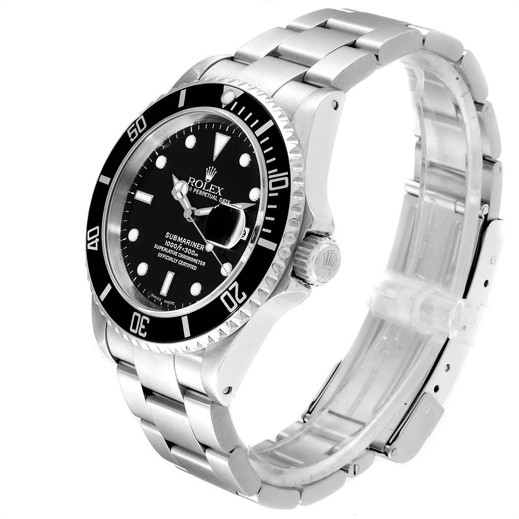 The image shows a side angle of the Rolex Submariner 16610 Men's Stainless Steel Black Dial 16610 Men's Stainless Steel Black Dial watch, highlighting its black dial, bezel, and stainless steel bracelet.
