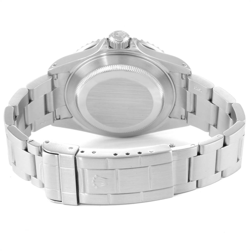 This image shows the back case and bracelet of a Rolex Submariner 16610 Men's Stainless Steel Black Dial 16610 Men's Stainless Steel Black Dial watch from a bottom angle.